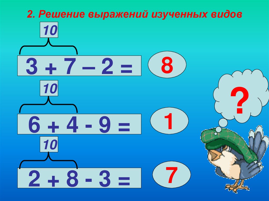 Решение 2. Вычитание чисел в пределах 20 1. Устный счёт сложение и вычитание в пределах 20. Решение выражений в пределах 20.