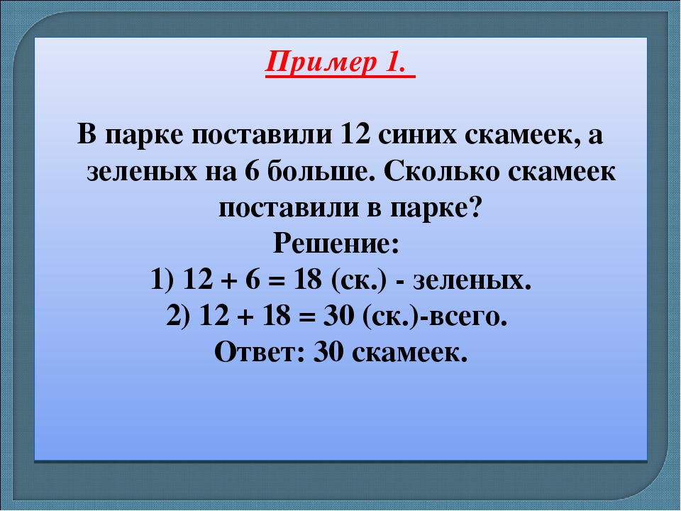 Пример 21. В парке поставили 15 синих и 9 зеленых. В парке поставили 15 синих и 9 зеленых скамеек. В парке поставили 15 синих и 9 зеленых скамеек решить двумя действиями. На 6 больше.